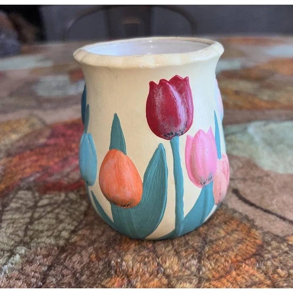 Vintage 1987 Hand-Painted Ceramic Tulip Vase Planter‎ Cottagecore Decor
